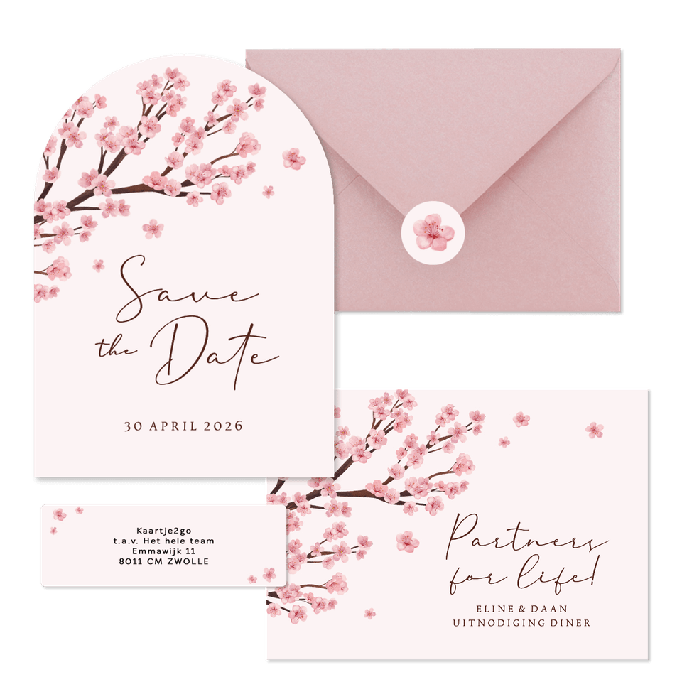 Trouwkaarten set kersenbloesem lente romantisch