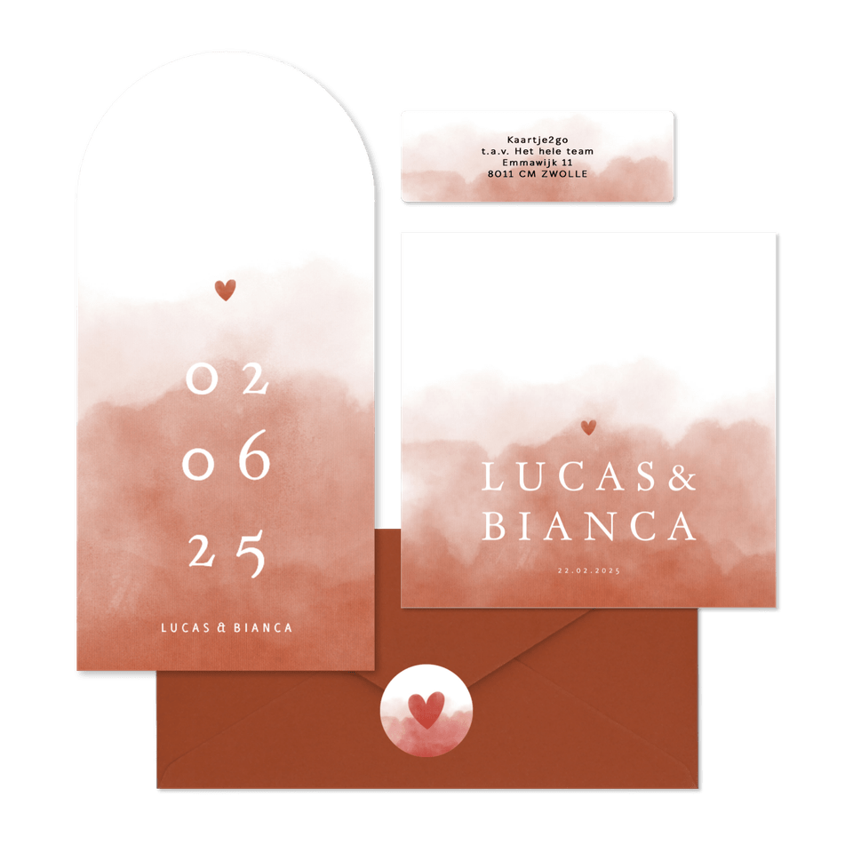 Stijlvolle terra waterverf trouwset en hartje