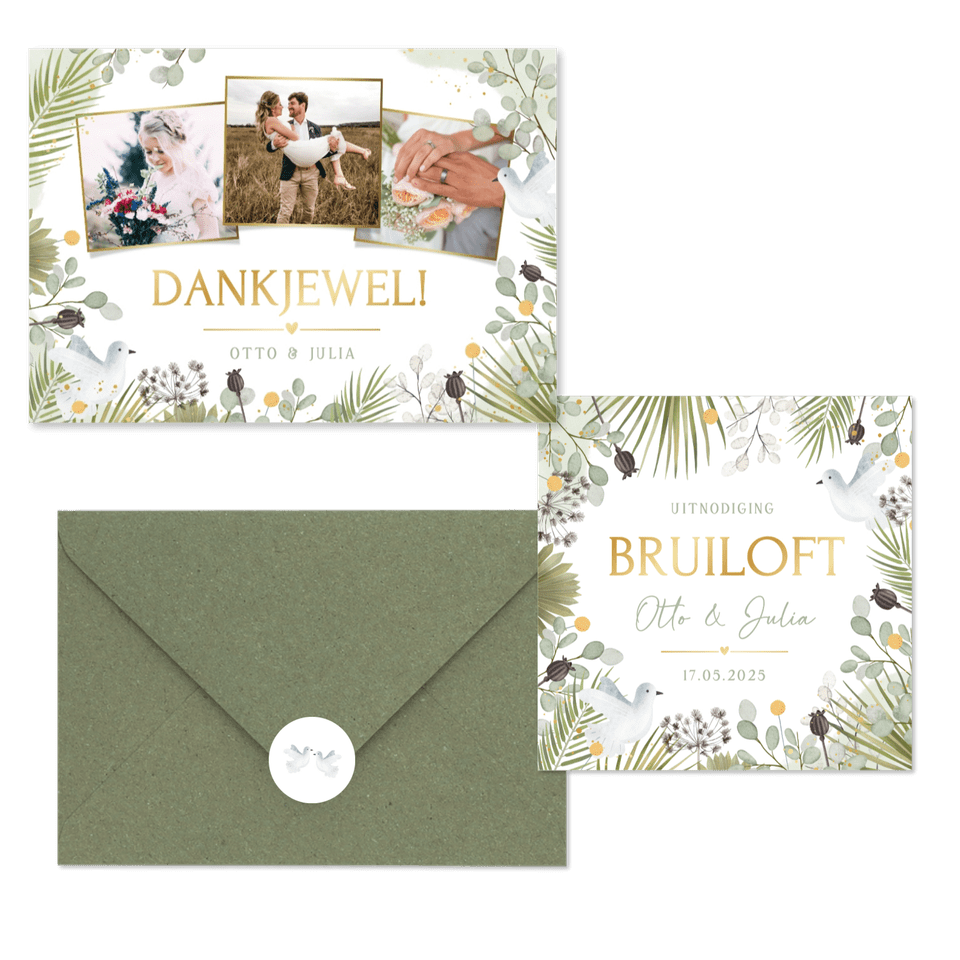 Trouwkaarten set botanisch met witte duiven