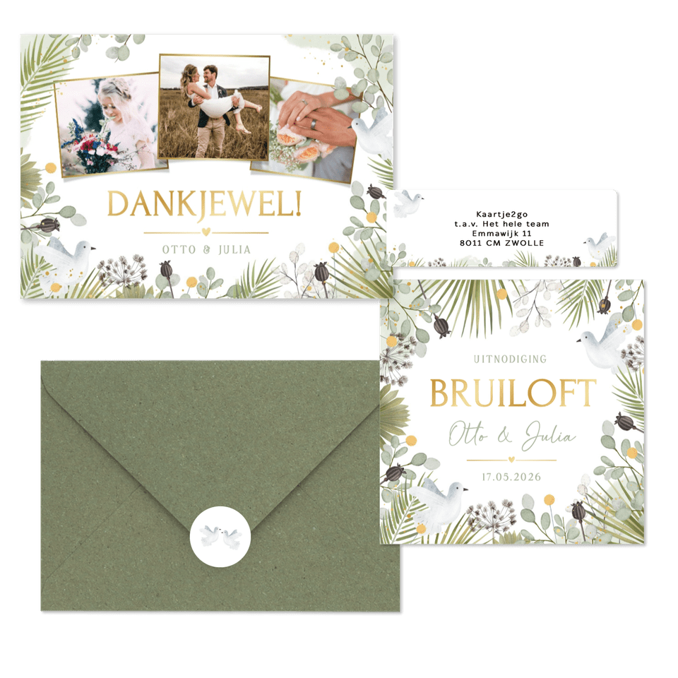 Trouwkaarten set botanisch met witte duiven