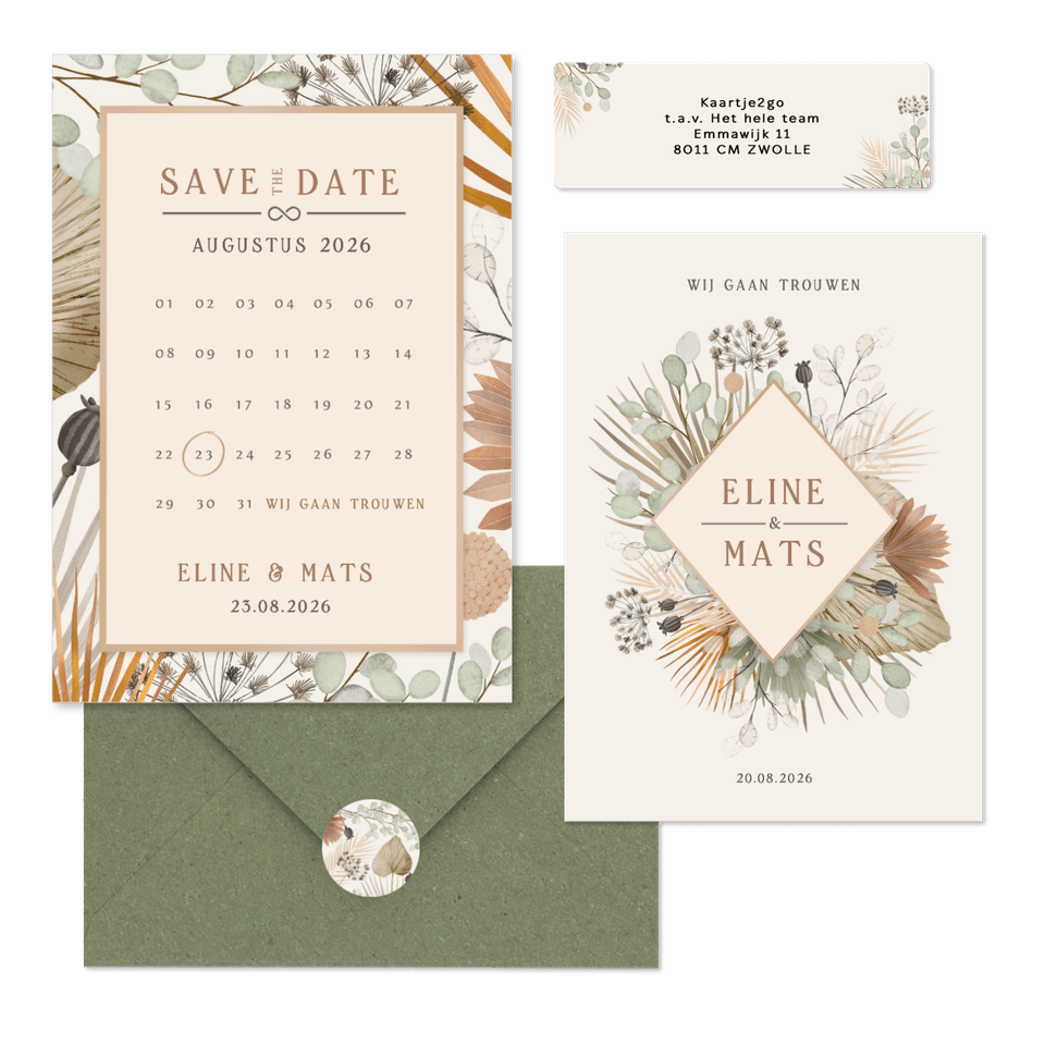 Trouwset bohemian met droogbloemen