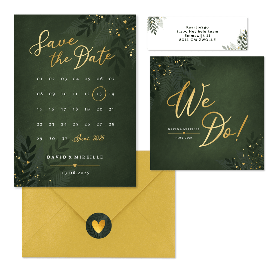 Stijlvolle donkergroene trouwset jungle met goud