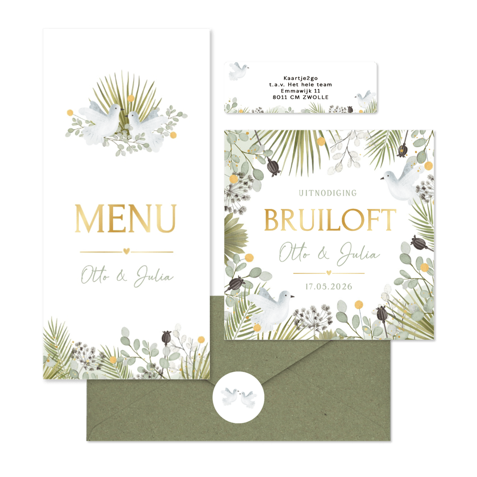 Trouwkaarten set botanisch met witte duiven