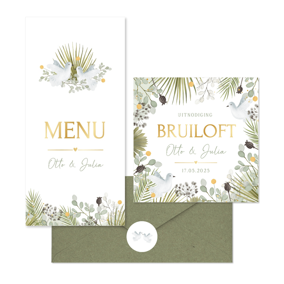 Trouwkaarten set botanisch met witte duiven