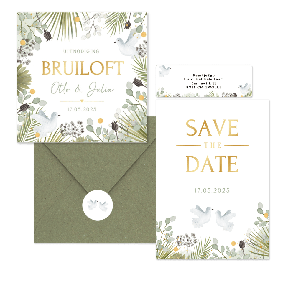 Trouwkaarten set botanisch met witte duiven
