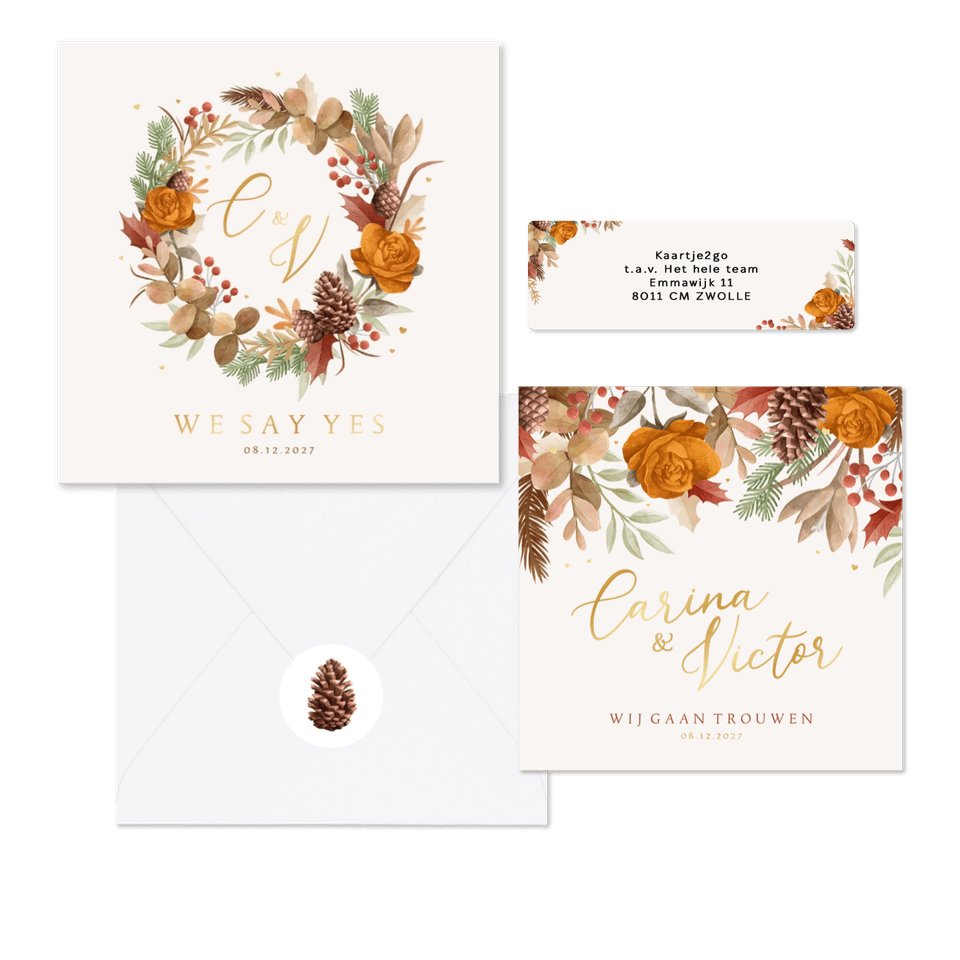 Herfst winter set bladeren bloemen goud