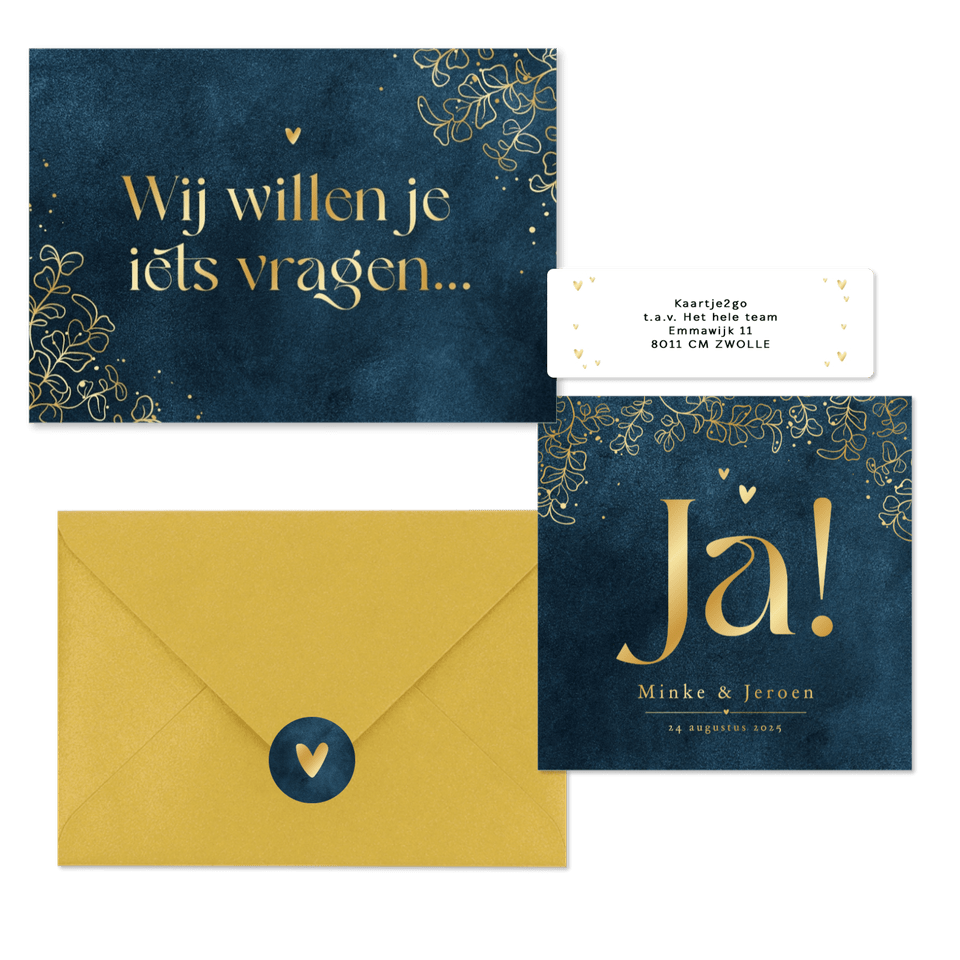 Trouwset velvet blauw eucalyptus lineart goud