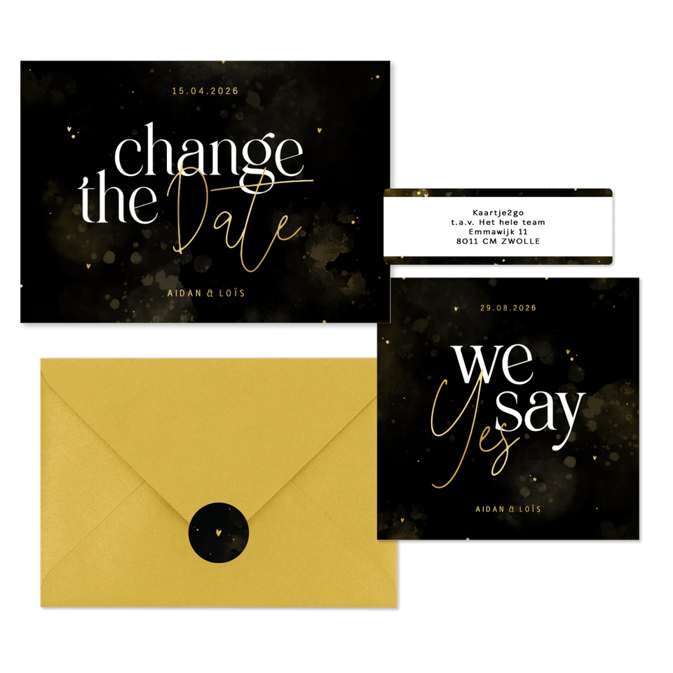 Stijlvolle trouwset zwart en goud met waterverf 