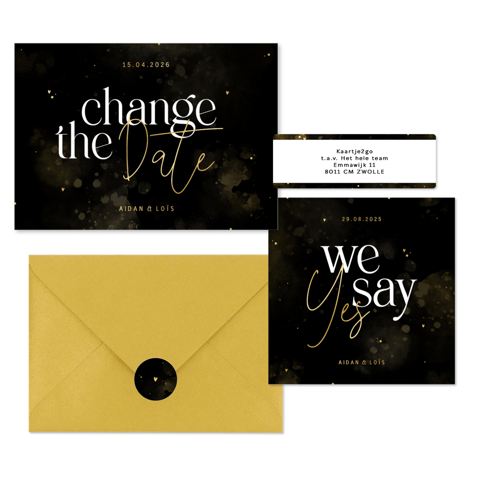 Stijlvolle trouwset zwart en goud met waterverf