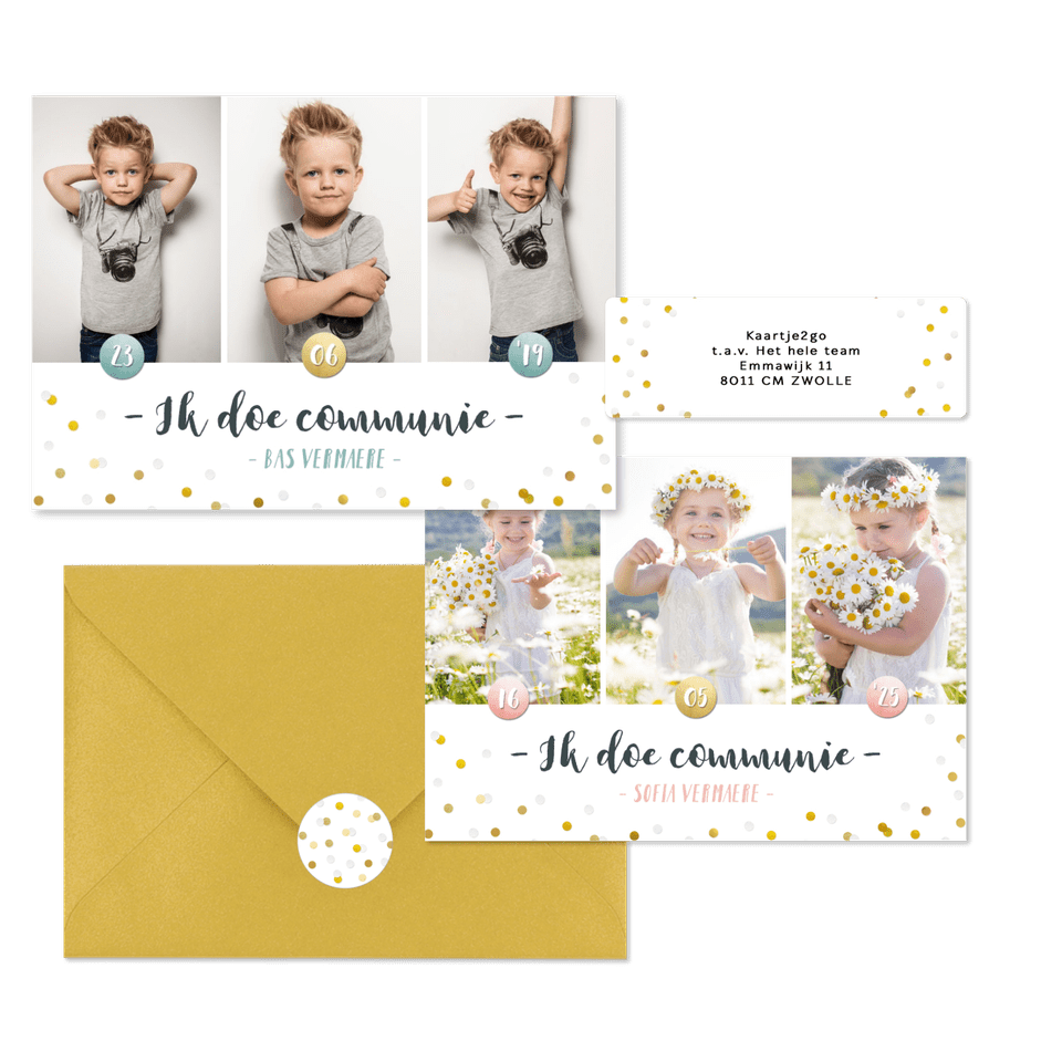 Hippe fotocollage kaarten communie met gouden confetti