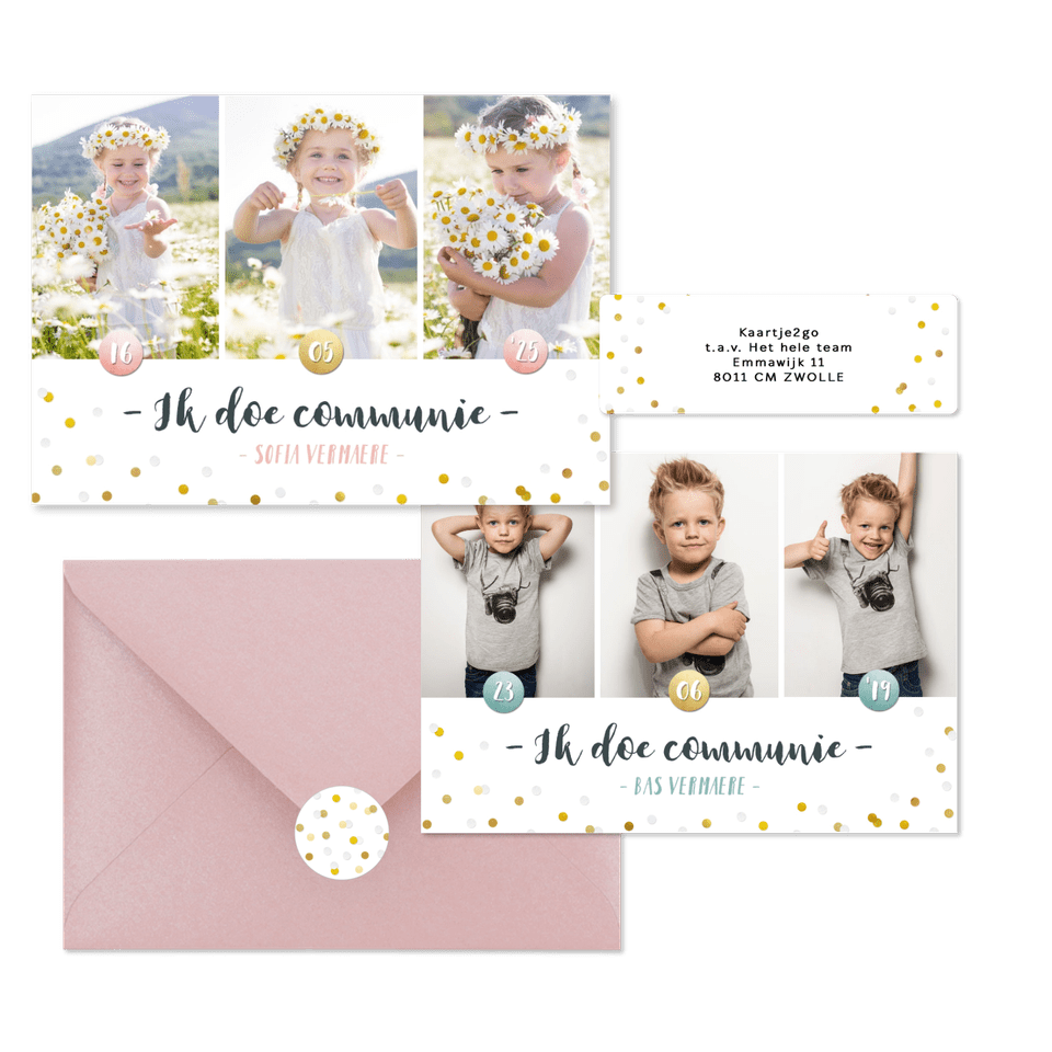 Hippe fotocollage kaarten communie met gouden confetti