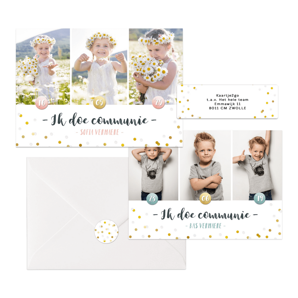 Hippe fotocollage kaarten communie met gouden confetti