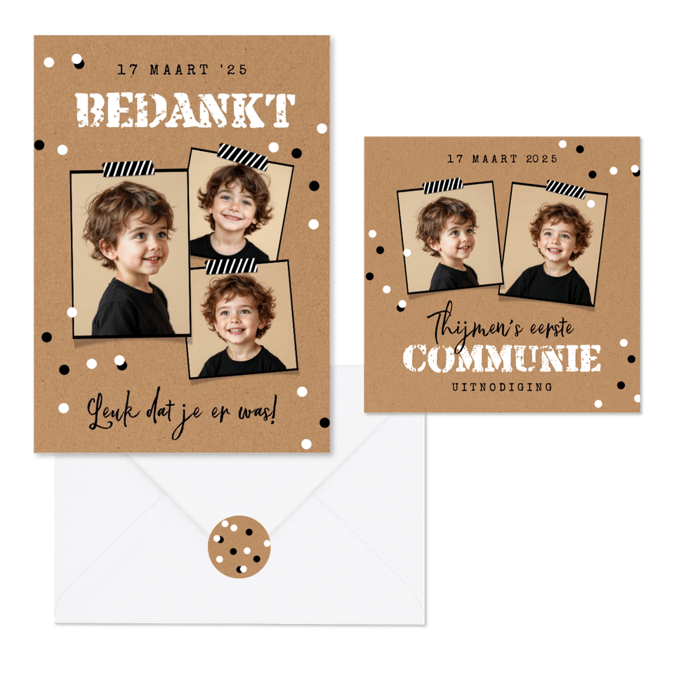 Communiekaarten stoer kraftpapier confetti zwart wit foto's