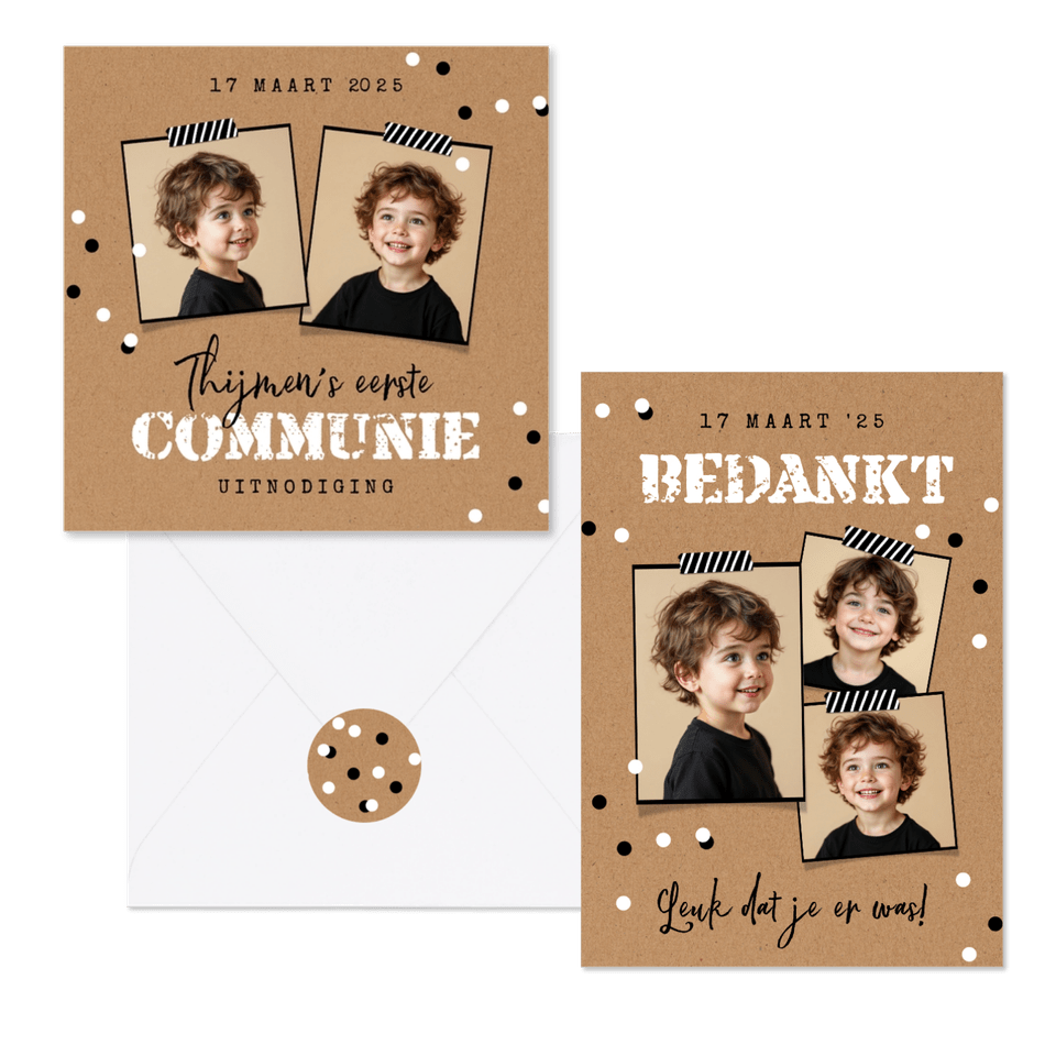 Communiekaarten stoer kraftpapier confetti zwart wit foto's