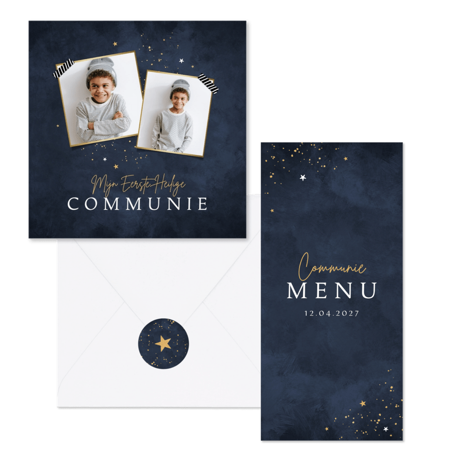 Communiekaarten stijlvol diepblauw waterverf met gouden sterretjes