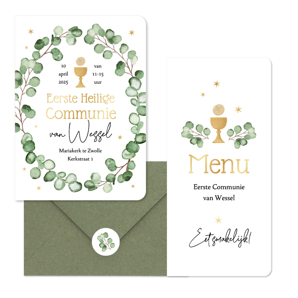 Communieset neutraal eucalyptus stijlvol sterren goud christelijk