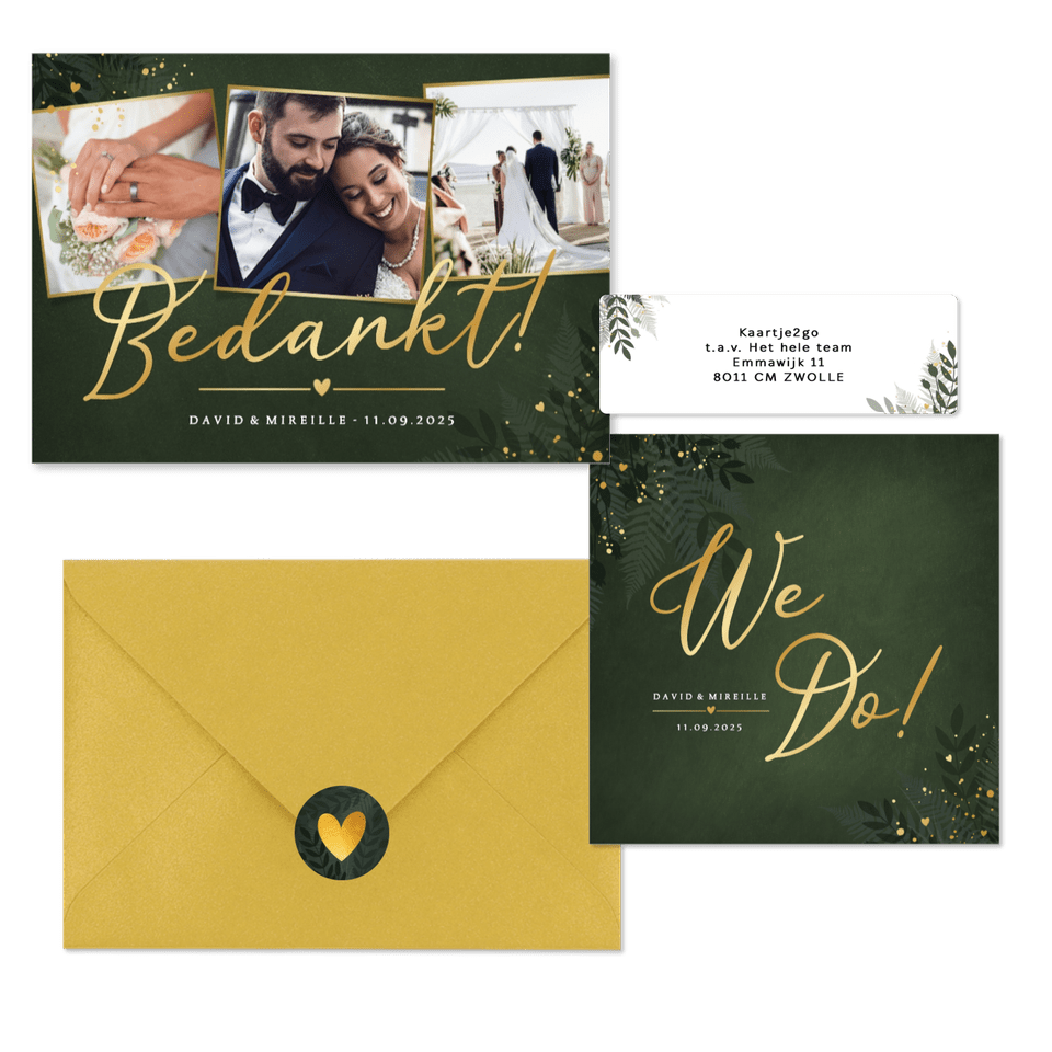 Stijlvolle donkergroene trouwset jungle met goud