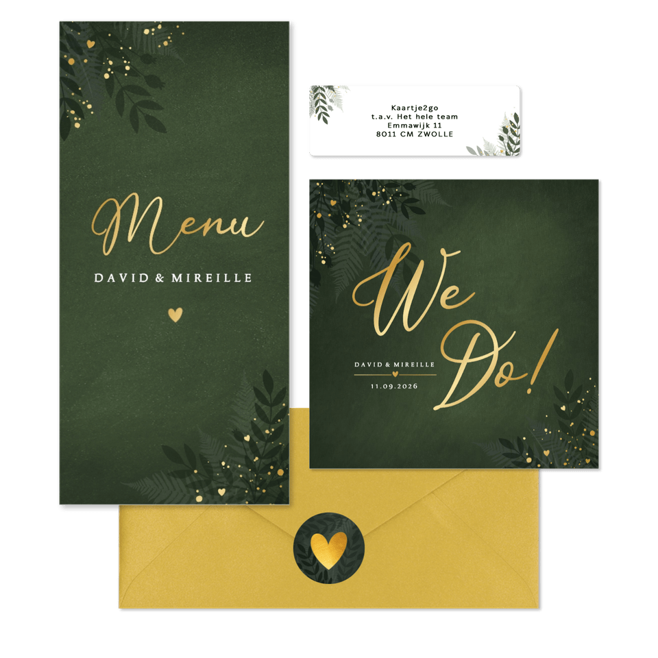Stijlvolle donkergroene trouwset jungle met goud