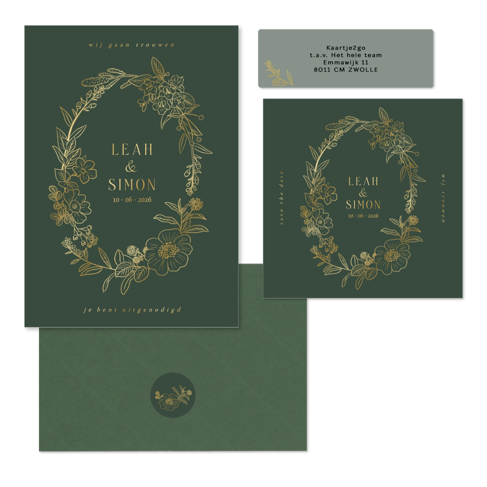 Trouwset met bloemenkrans in groen en goud