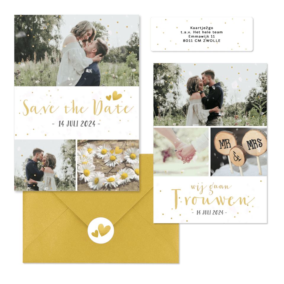 Trouwset fotocollage gouden confetti, hartjes