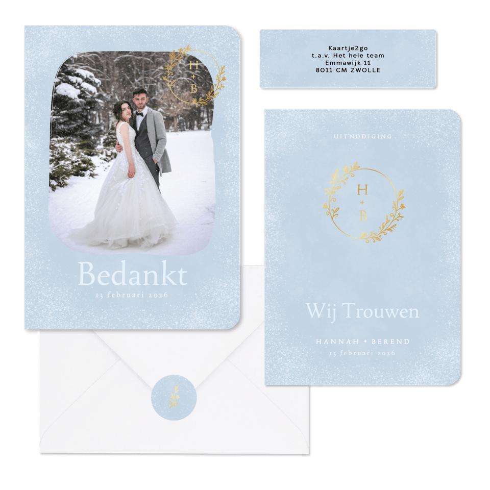 Trouwset winter blauw met ornament, initialen