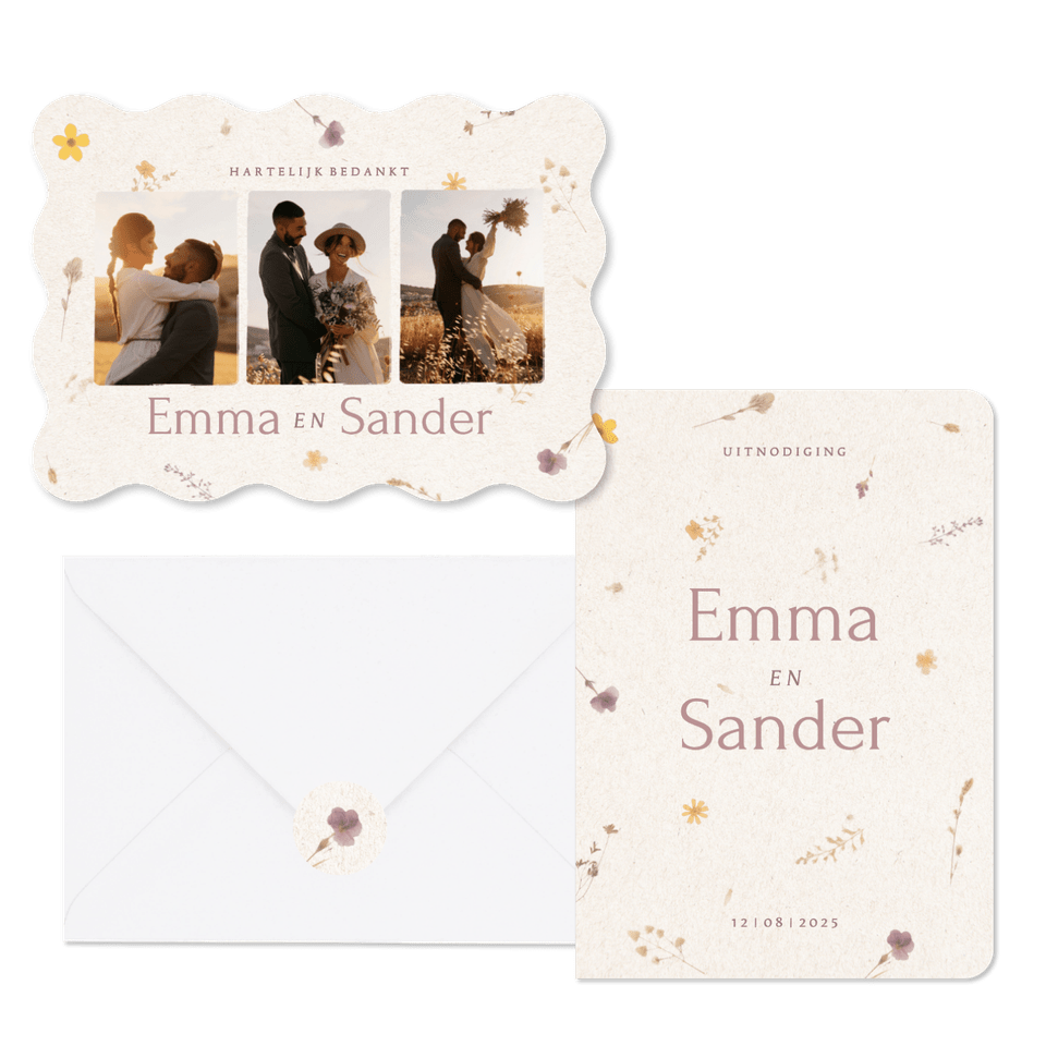 Natuurlijke trouwset met geperste bloemen en papier textuur