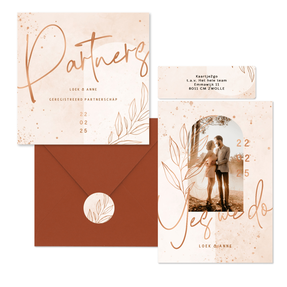 Trouwset bohemian lichtroze met koper