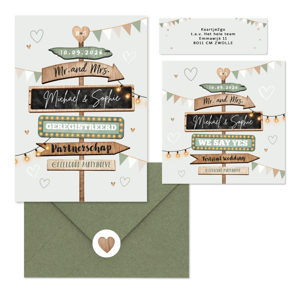 Festival thema trouwset met houten wegwijzers