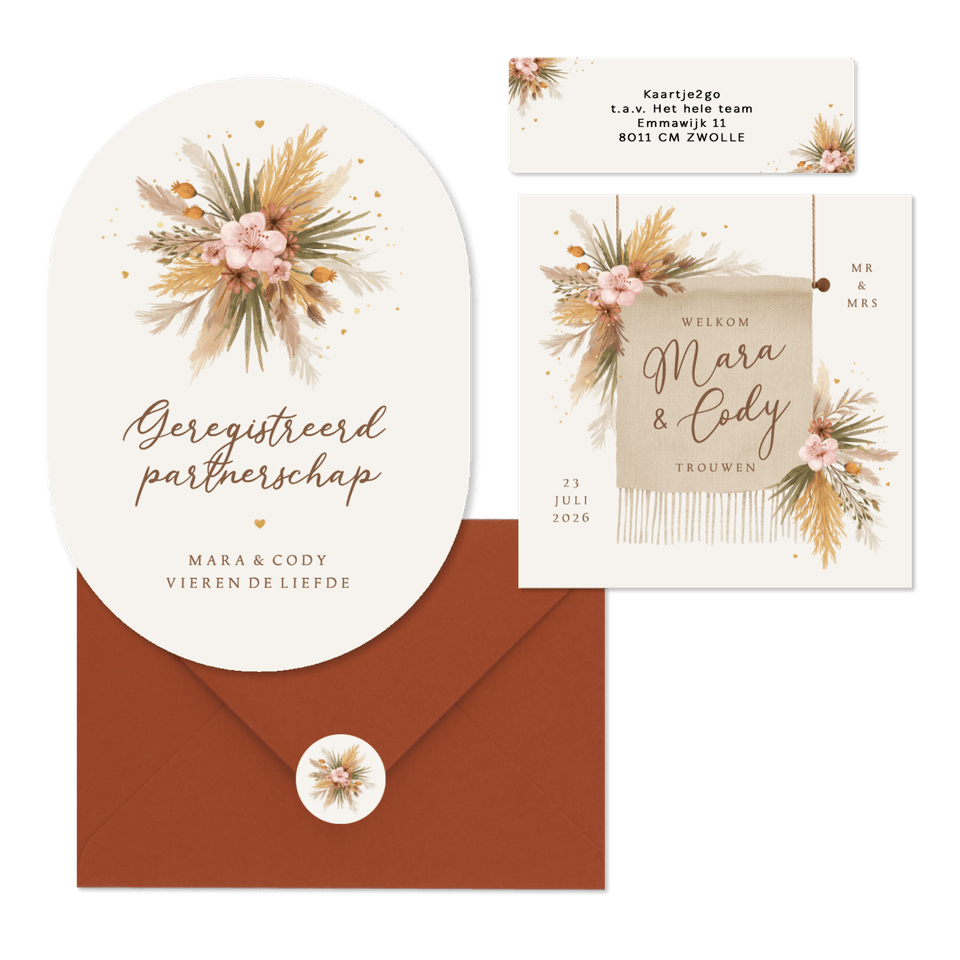 Trouwkaarten romantisch bohemian droogbloemen en gras