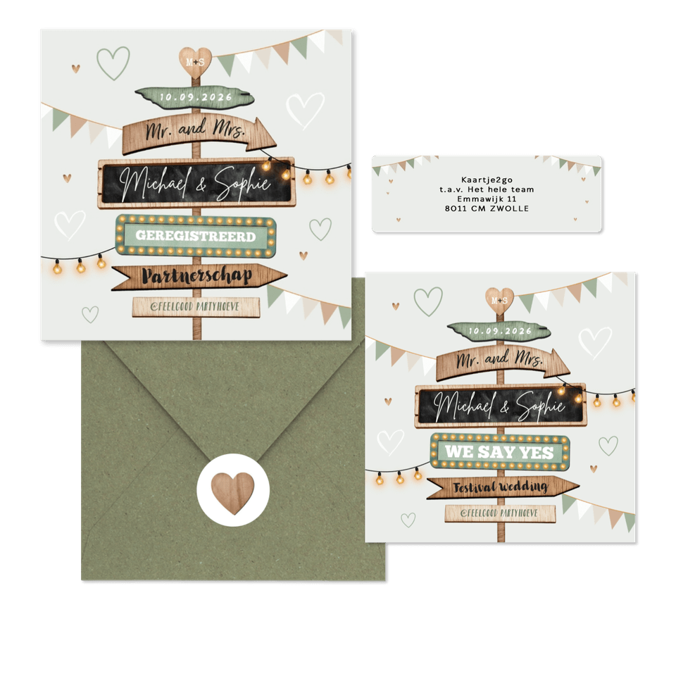 Festival thema trouwset met houten wegwijzers