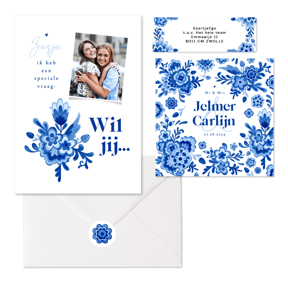 Trouwkaarten Delfts blauw bloemen origineel