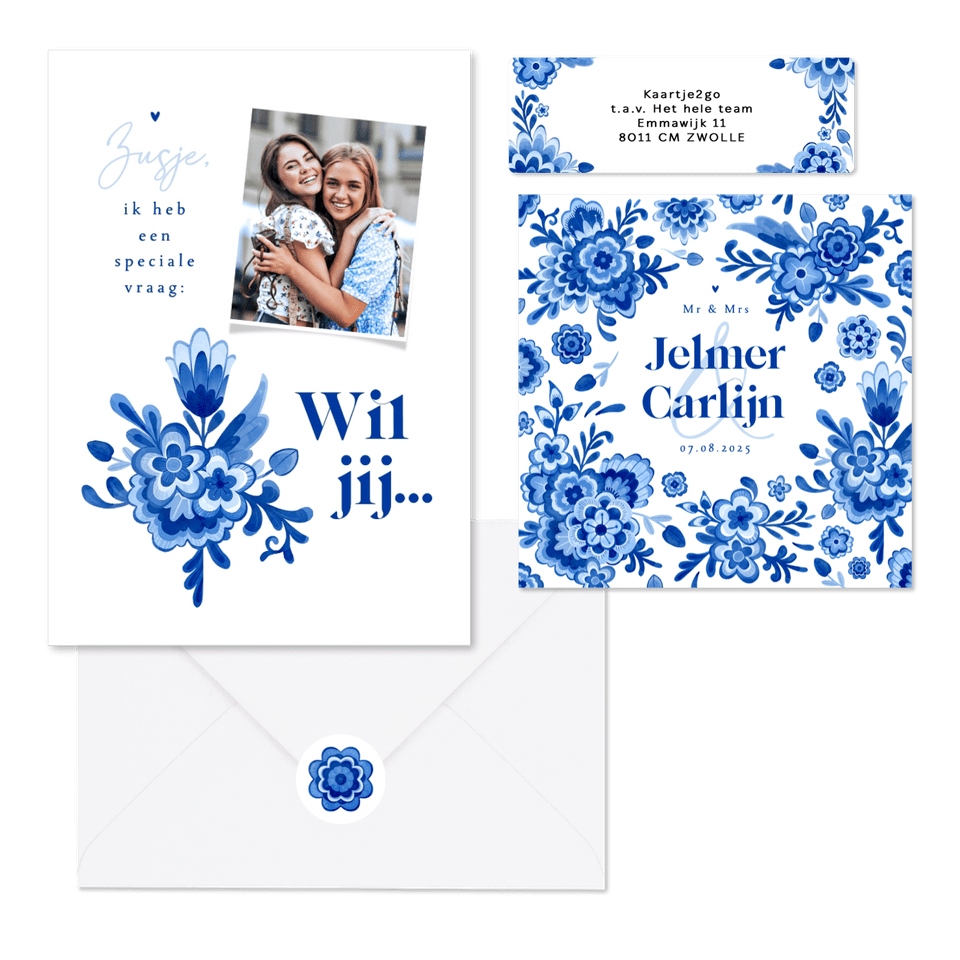 Trouwkaarten Delfts blauw bloemen origineel