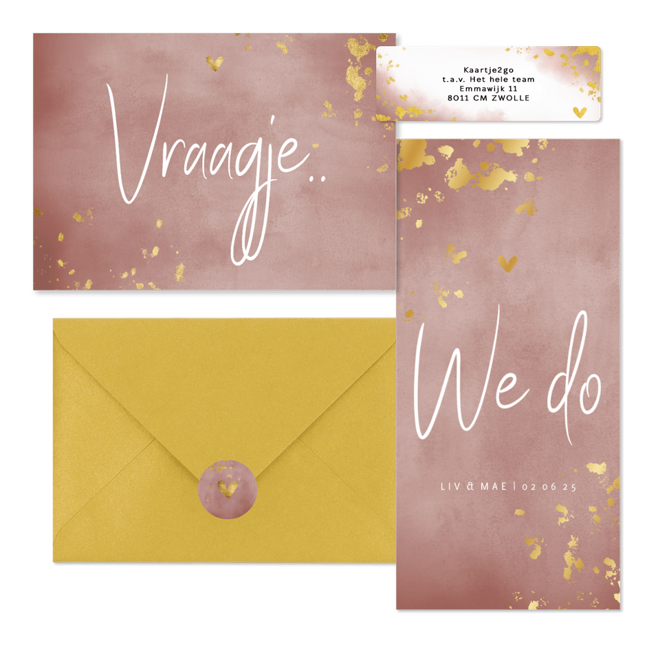 Trouwset oud roze waterverf en spetters goud
