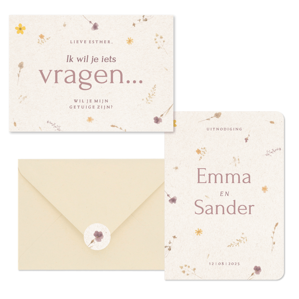 Natuurlijke trouwset met geperste bloemen en papier textuur