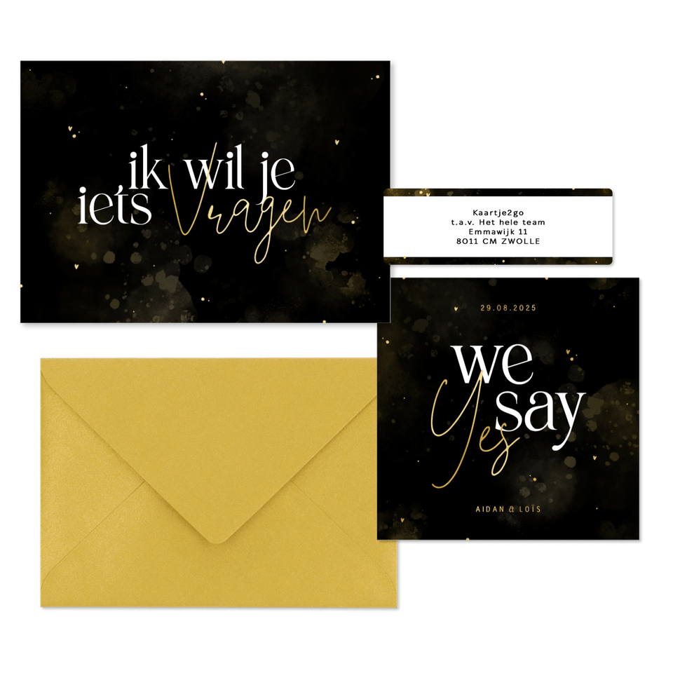 Stijlvolle trouwset zwart en goud met waterverf