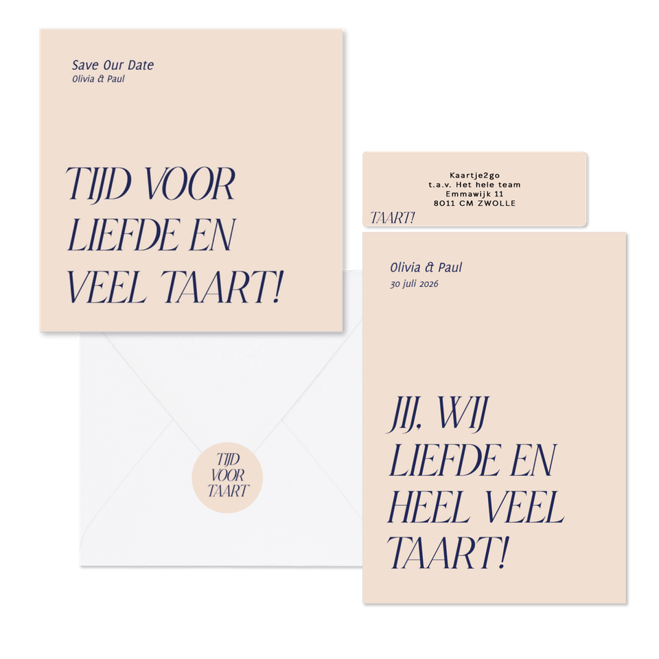 Trouwset typografisch grappig liefde en taart