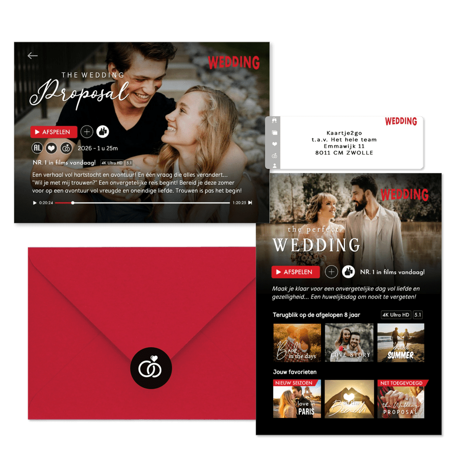 Grappige trouwset in romantische film stijl