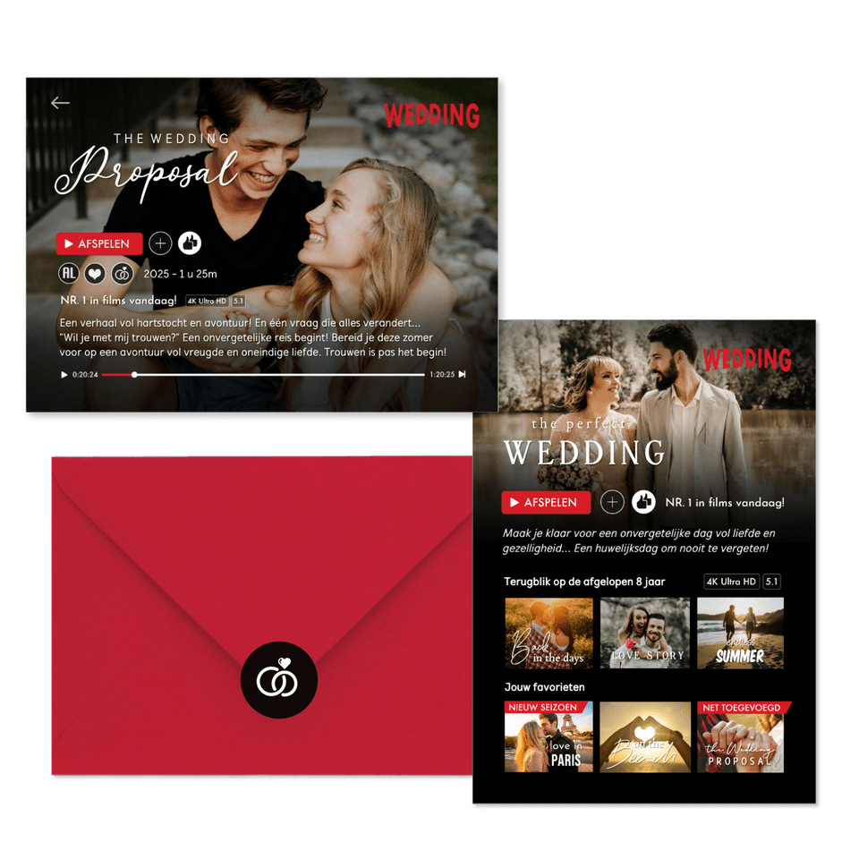 Grappige trouwset in romantische film stijl