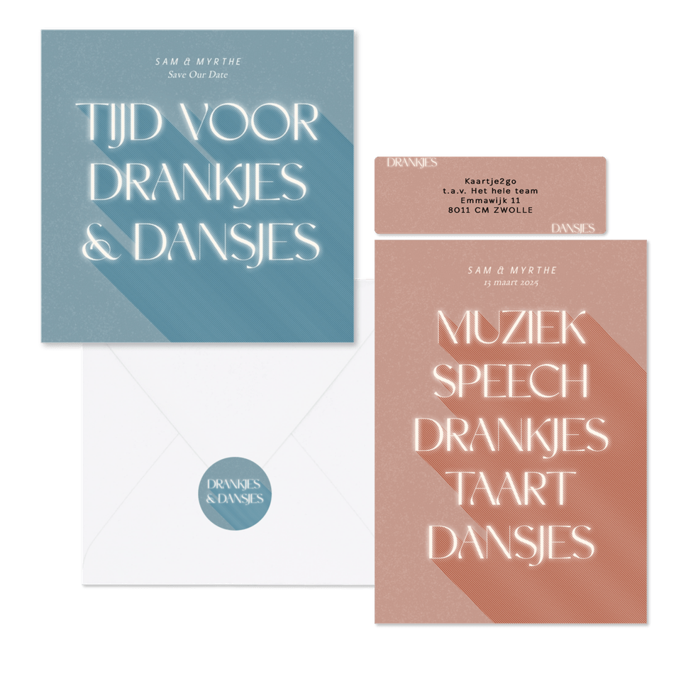 Trouwset drankjes & dansjes in roze en blauw