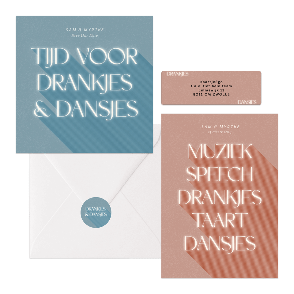 Trouwset drankjes & dansjes in roze en blauw