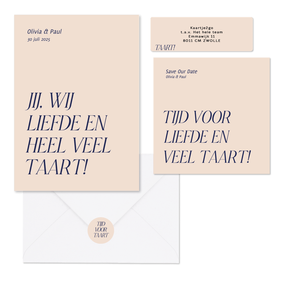 Trouwset typografisch grappig liefde en taart