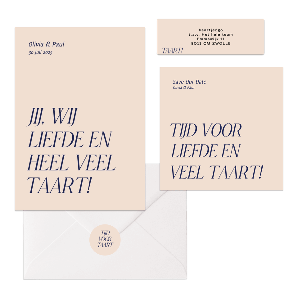 Trouwset typografisch grappig liefde en taart