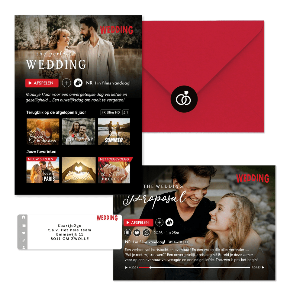 Grappige trouwset in romantische film stijl