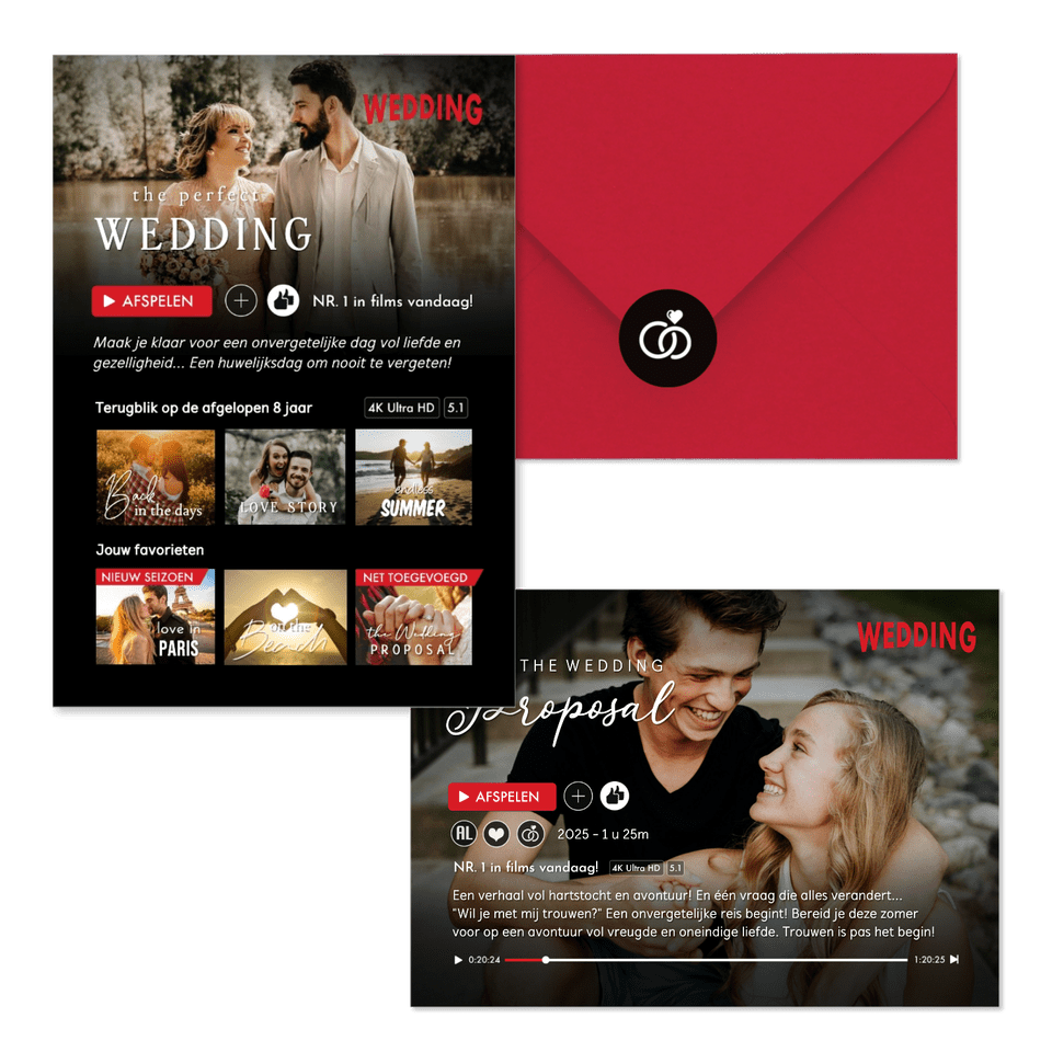 Grappige trouwset in romantische film stijl