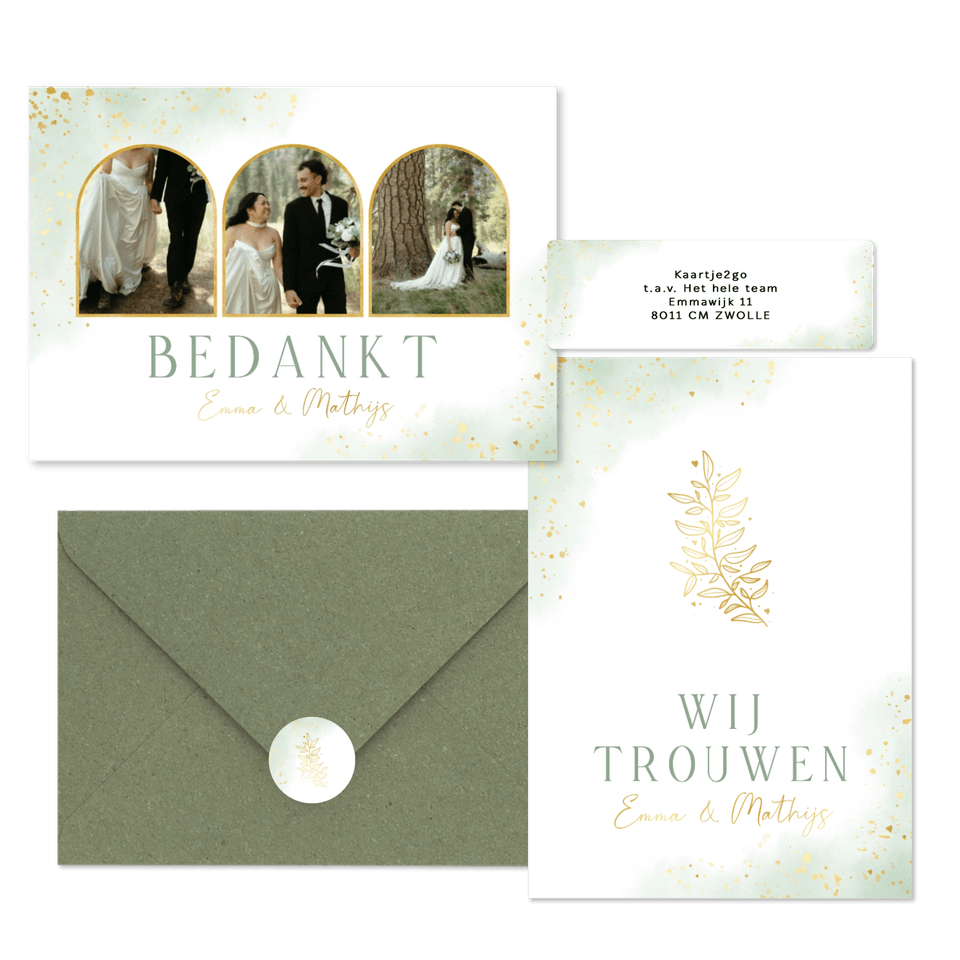 Bohemian trouwset met groene waterverf en gouden takje