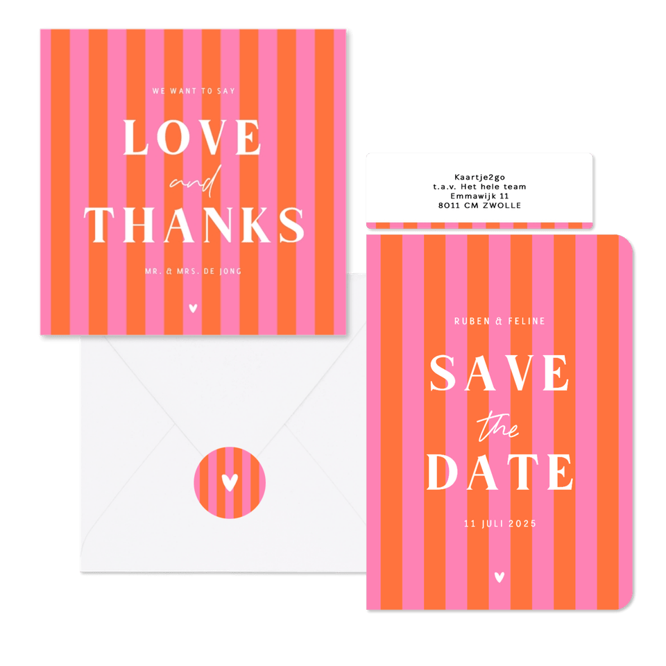 Hip en trendy trouwset gestreept roze oranje hartje