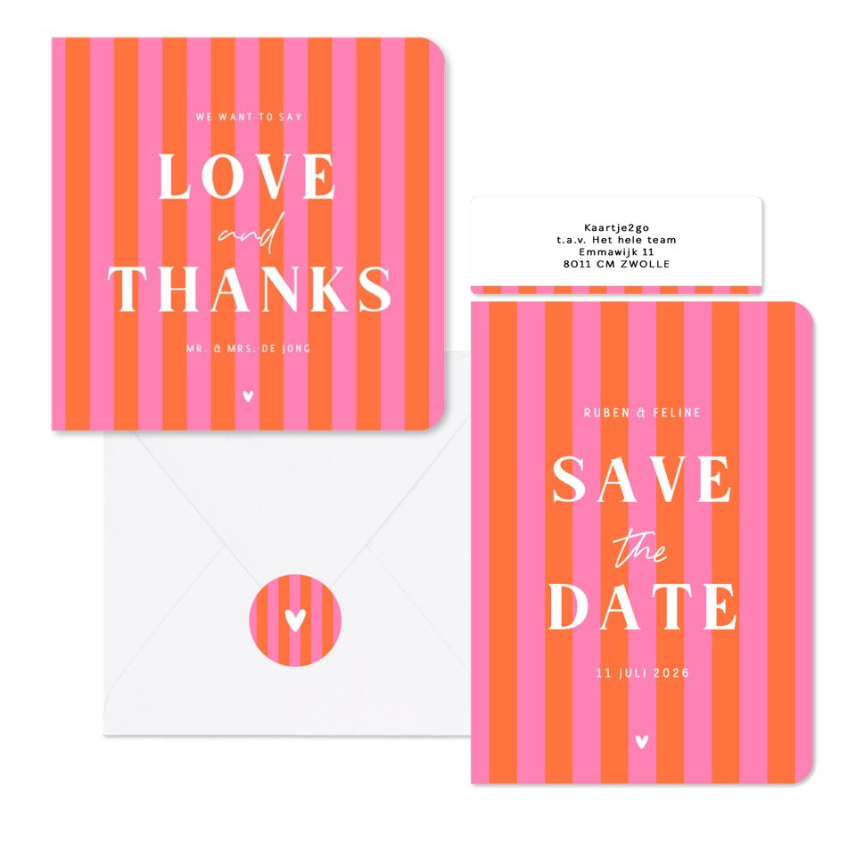 Hip en trendy trouwset gestreept roze oranje hartje