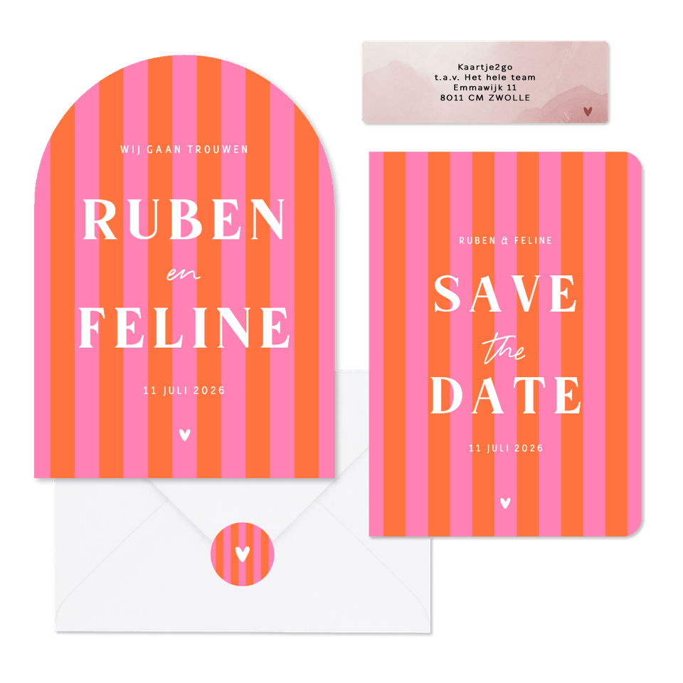 Hip en trendy trouwset gestreept roze oranje hartje