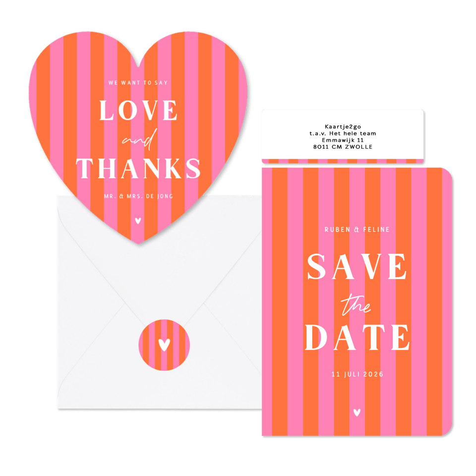 Hip en trendy trouwset gestreept roze oranje hartje