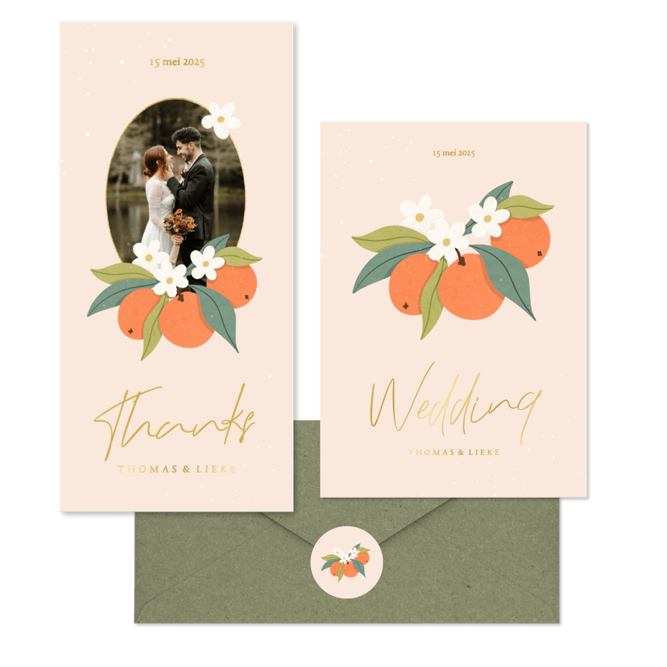 Zomerse trouwset met sinaasappels en goudfolie